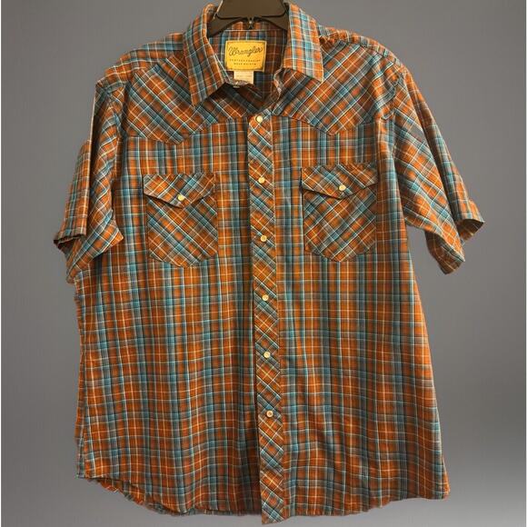 VTG Wrangler Shirt Mens XL Brown Blue Plaid Western Pearl Snap Rodeo Cowboy - Picture 1 of 4
